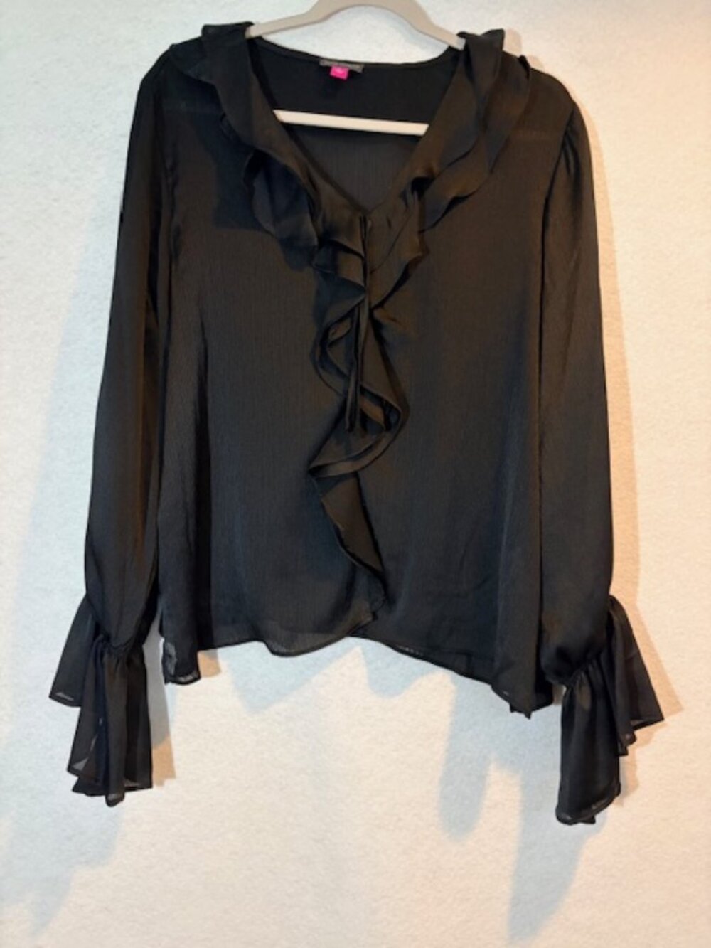 Vince Camuto XL Black Sheer Long Sleeve Cascade Ruffle Blouse NWT